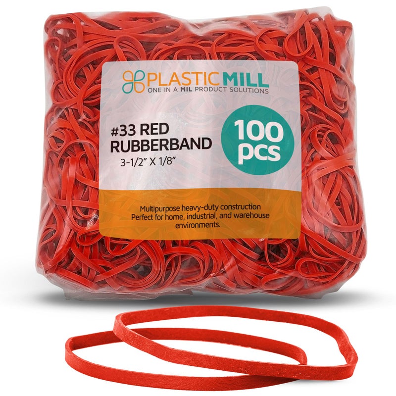 PlasticMill Red Rubber Bands Size 33 (3 1/2" x 1/8") - #33 Colored Rubber Bands Office Supplies - Strong, Elastic Bands for Crafts, Balloon Garland, Cash, File Folders (100-Pack) - Image 1